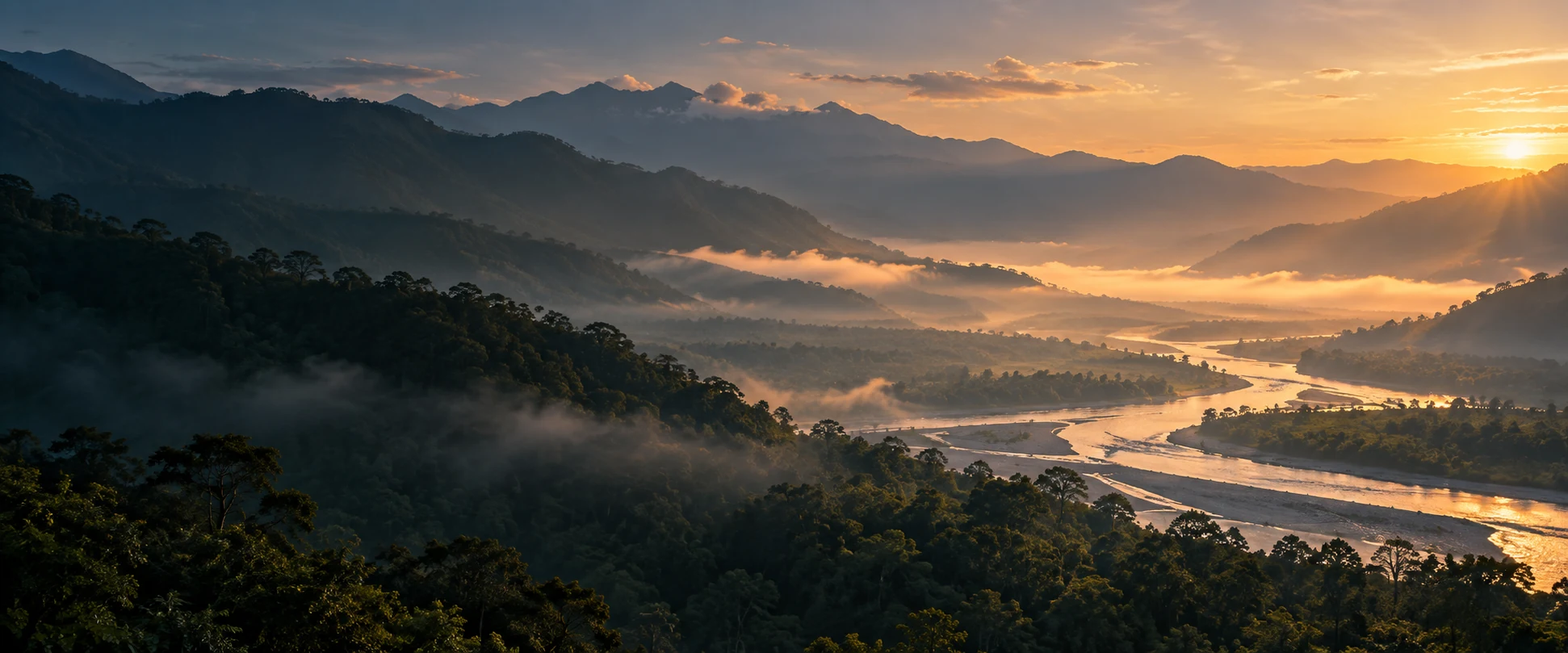 Atmospheric landscape of forested foothills and a river valley at sunrise